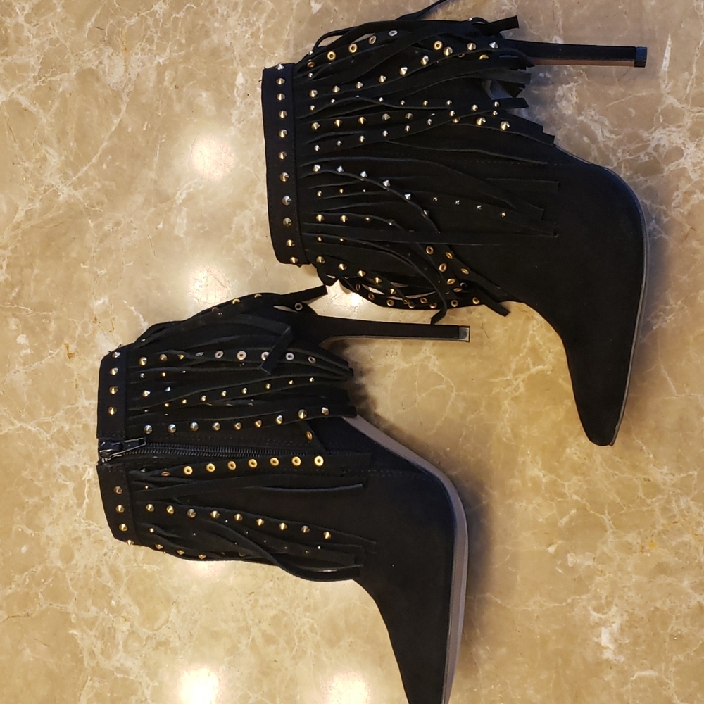 Express black micro suede cowhide fringed w gold-embellished ankle booti… - Picture 9 of 16